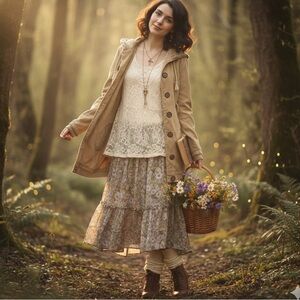 Mori Coquette Tan Hooded Jacket Cable Knit Trim Newsprint Lining Boho Fairy Core